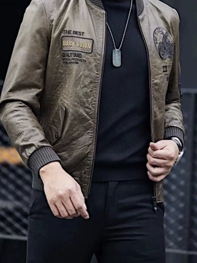 Leather jacket, cowhide, genuine leather, square neckline