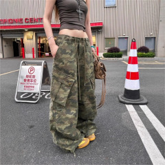 辣妹迷彩潮酷阔腿工装裤女早秋新款美式复古抽绳拖地牛仔长裤