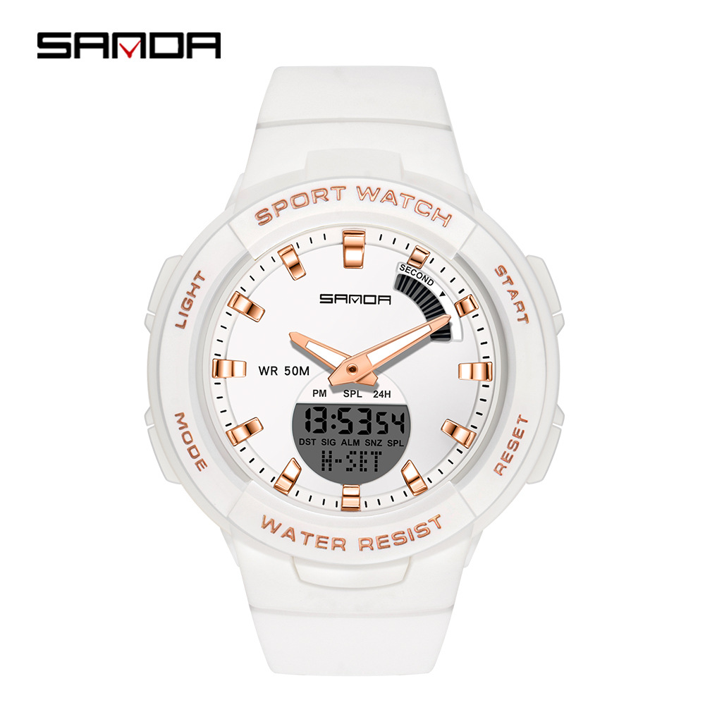 SANDA 6005 nuevo color caramelo deportes doble pantalla estudiantes masculinos y femeninos personalidad reloj calendario semanal luminoso