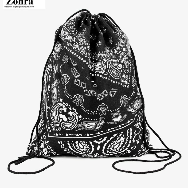 zohra亚马逊新款数码印花束口袋环保购物收纳束绳背包双肩包批发