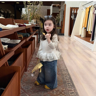 Girls Korean Lace Mesh Long-Sleeved Bottoming Shirt 202525 Autum New Children's Stripesd Slim T-Shirt Fashionable