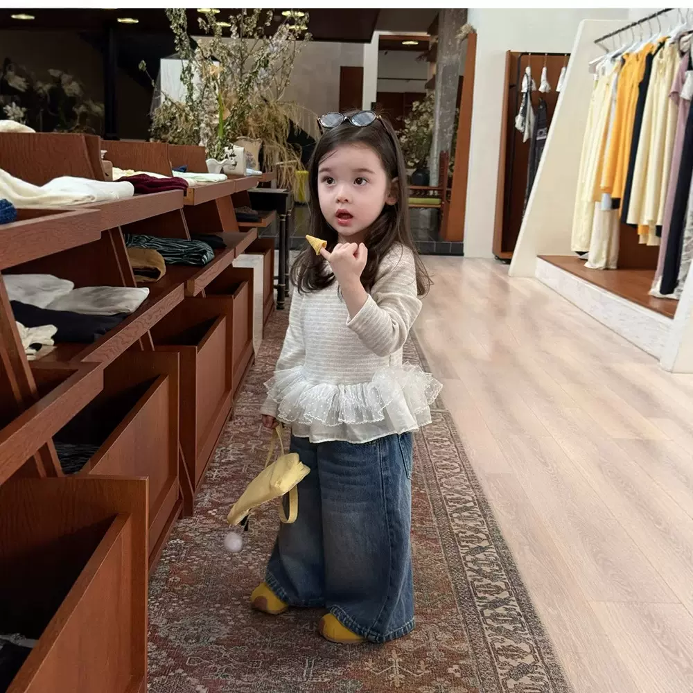 女童韩系花边网纱长袖打底衫202525秋季新款小童条纹修身T恤洋气