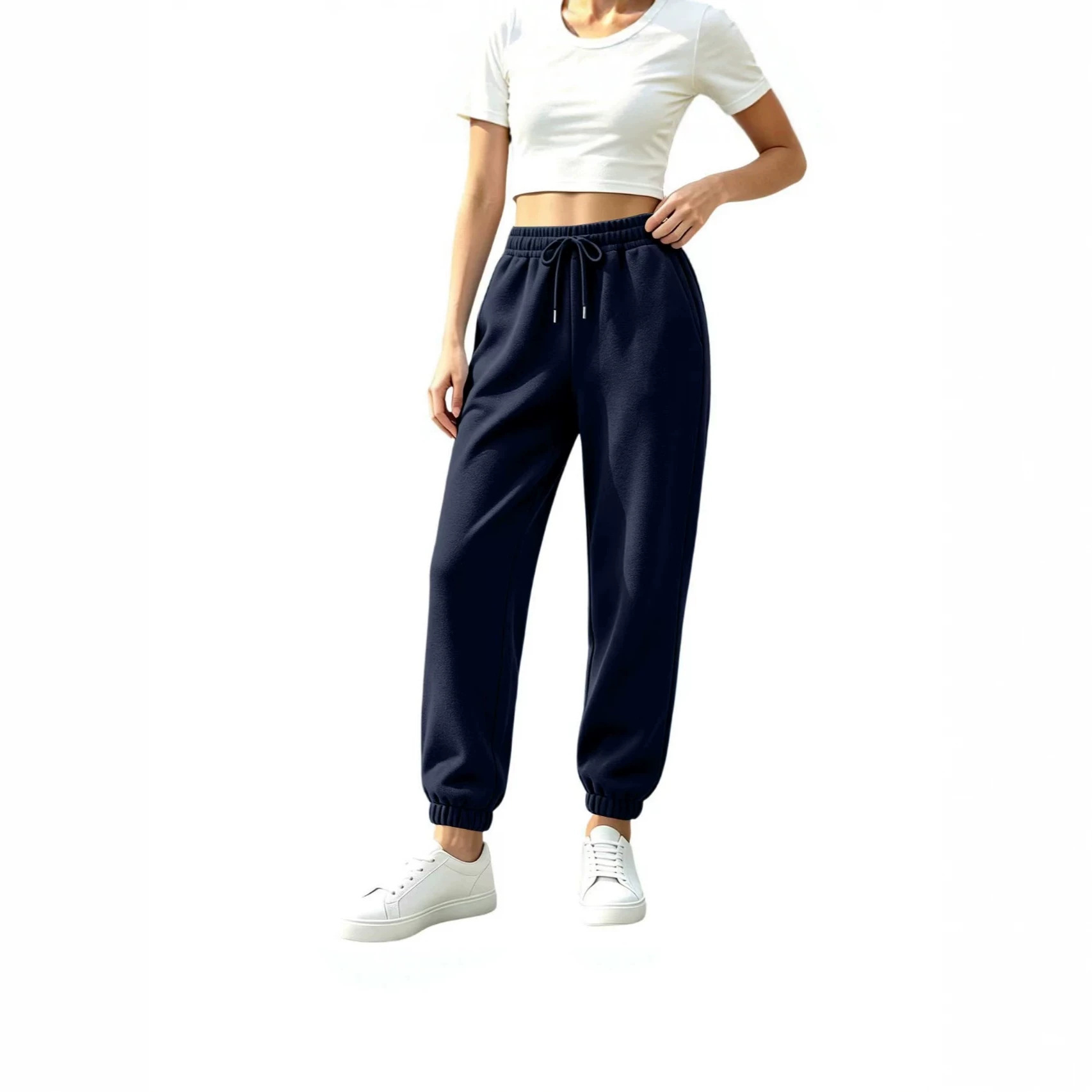 Autumn and winter women's solid color sweatpants, high-waisted with elastic drawstring waistband, tapered casual athletic pants