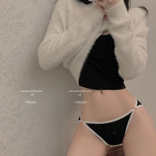 French discreet pure cotton thin-strap briefs for women, low-waist breathable cotton crotch lift, contrasting color thong T-pants