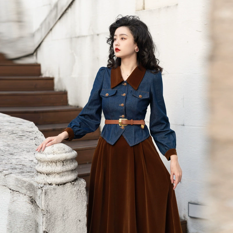 Новинка осени/зимы 2024: винтажный женский комплект в стиле французского ретро — джинсовый топ + бархатная юбка