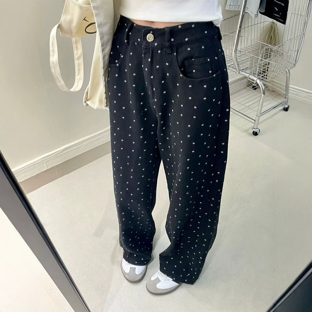 Black polka-dot jeans for women, designed for pear-shaped figures, plus-size, slimming, straight-leg, autumn, wide-leg pants for petite women