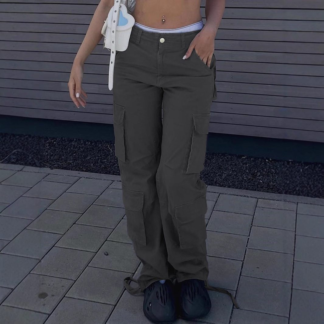 Ropa de mujer, color liso, estilo urbano, cintura alta, recta, holgada, con múltiples bolsillos, estilo de trabajo, moderna, para chica atractiva, pantalones casuales, ropa de mujer_voghion.com