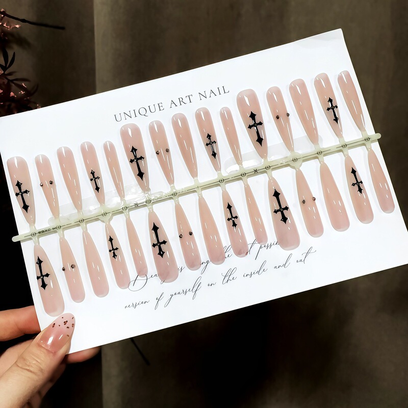 S520-Pre-Made Nails with a Sweet-Cool Punk Style, Nude Pink Cross Design, Sweet-Cool Dark Style, Detachable Nail Pieces S520-Pre-Made Nails with a Sweet-Cool Punk Style, Nude Pink Cross Design, Sweet-Cool Dark Style, Detachable Nail Pieces