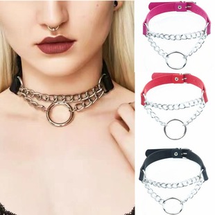 Cross-Border European and American Fashion Pu Leather Ring Collar Necklace Punk Street Style Chain O-Ring Neck Strap Neck Chain Jewelry