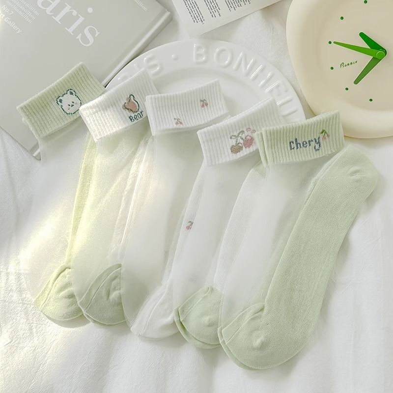 Summer Stockings, Crystal Thin Breathable Cotton-Soled Non-Slip Boat Socks, Japanese-Style Bear Green Cartoon High Heels