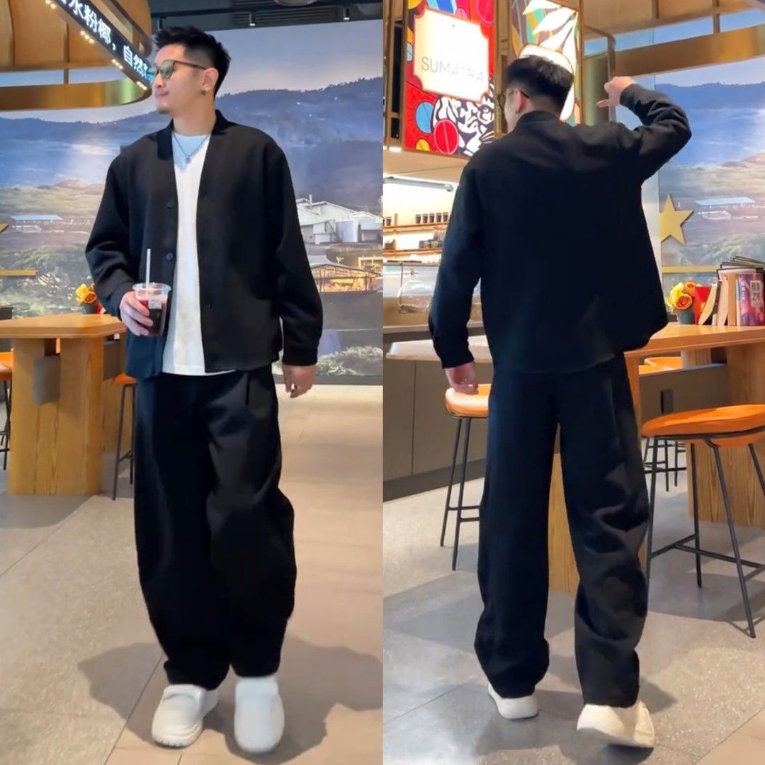 春秋季休闲运动套装男老钱风时尚潮流宽松大码帅气外套长裤三件套