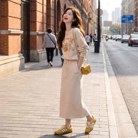 跨境 2026秋冬大码显瘦休闲长袖圆领卫衣半身裙两件套装女胖mm240