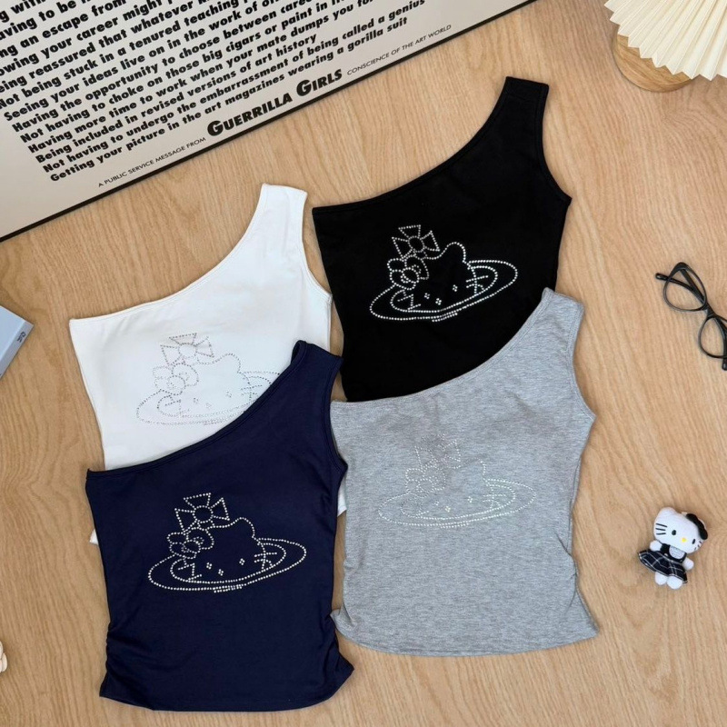 Verano nuevo chaleco de hombro inclinado de estilo caliente mujer impresión de dibujos animados retro ropa interior sin mangas cojín de pecho