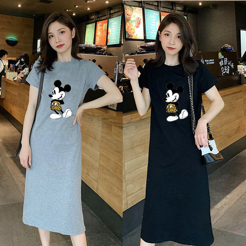 Short-sleeved dress Women's Summer 2024 New Casual Long Dress Loose Summer Cartoon Cute Long Over-the-knee Skirt