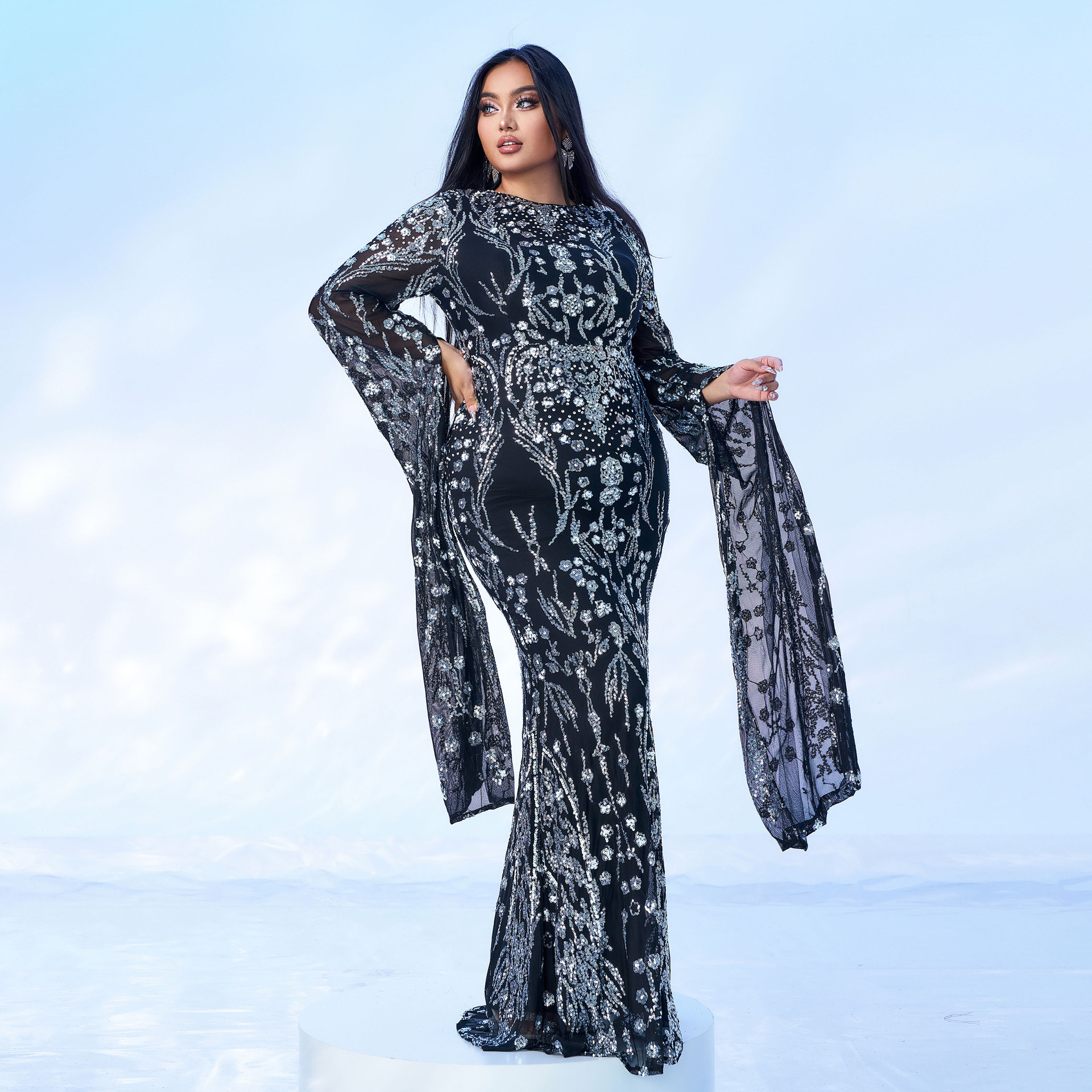 Women's Clothing ultra long sleeve temperament round neck sexy slim long sequined banquet evening dress bridesmaid dress_voghion.com