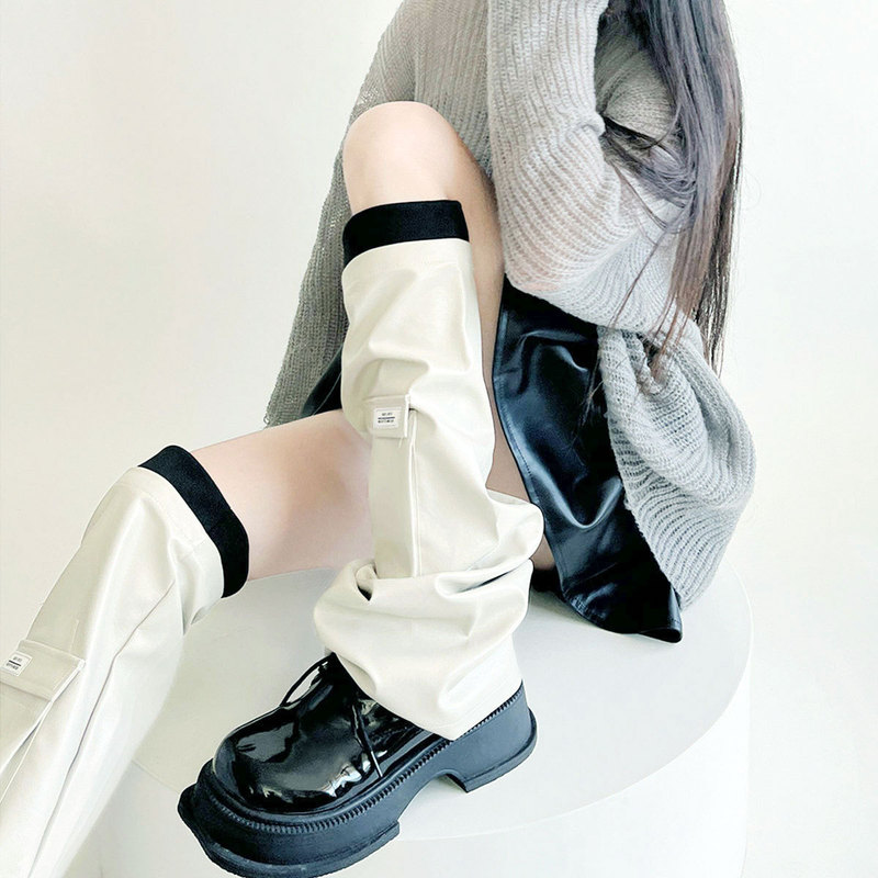 Pu Leather Sock Covers Y2K Pocket Label Original Design Off-White Leg Warmers Slouch Socks Ins Trendy Sweet Over-The-Knee Jk Summer