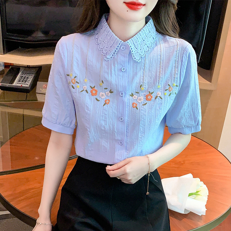 Doll Collar Embroidered Pure Cotton Shirt for Women 2026 Lace French Style New Summer Niche Design Short-Sleeved Cotton Shirt