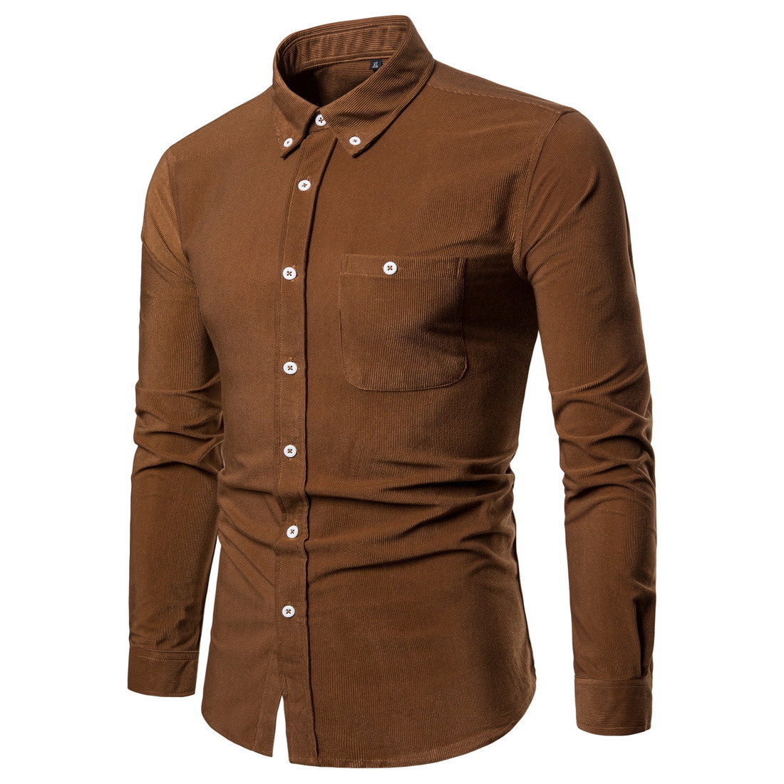 Disponibile in magazzino: camicia da uomo a maniche lunghe in velluto a coste, primavera/autunno, stile casual europeo e americano, tinta unita._voghion.com