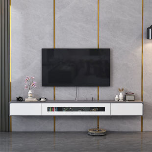 Suspended Tv Cabinet, All Solid Wood, Wall-Mounted Background Wall, Small Apartment, Light Luxury Gray, Modern Minimalist Living Room Suspended