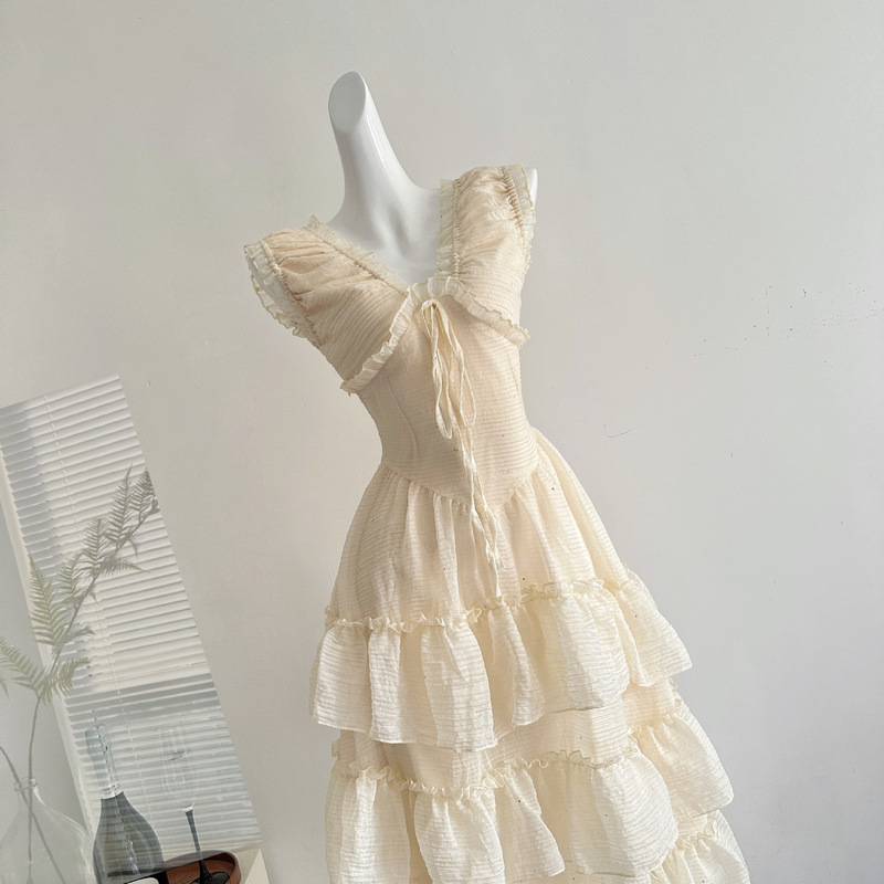 "Xinxing" A Sweet Peach Scarlett Skirt Heavy Industry V-Neck Sling dress Women's Summer Waist Slim Dress