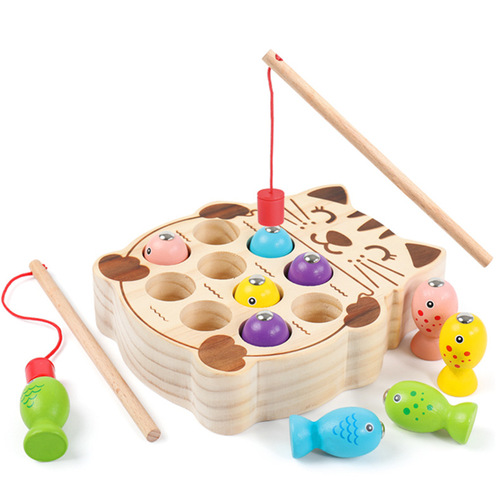 Children's fishing toys baby magnetic wooden kitten fishing toys magnetic fish concentration training