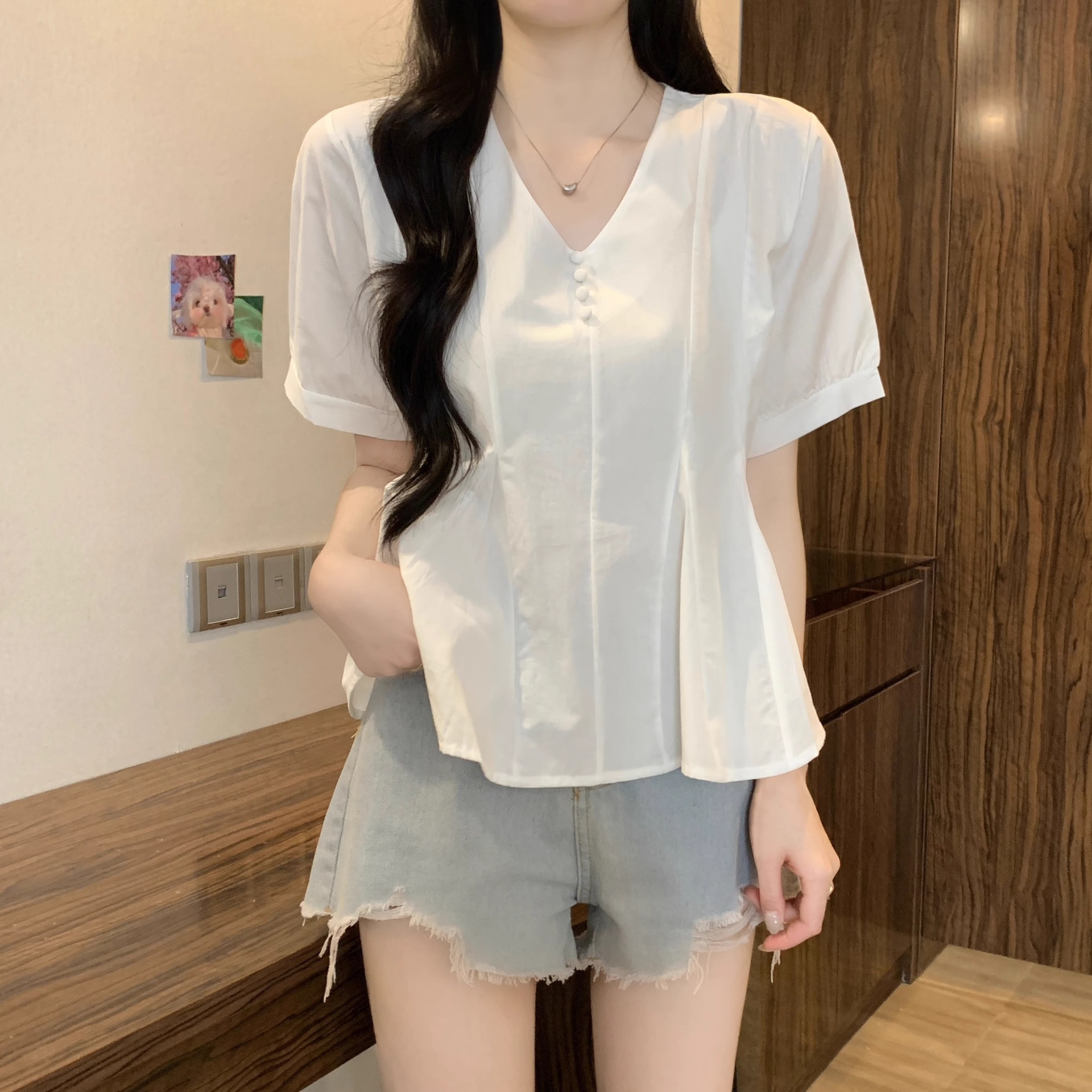 Áo sơ mi nữ cỡ lớn tay ngắn màu xanh lam dáng suông che khuyết điểm — Màu xanh lam chi tiết 14