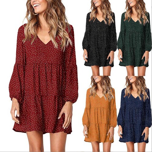 Cross-border European and American women's fashion V-neck long-sleeved polka-dot ruffled loose elegant dress, mid-length lantern skirt.