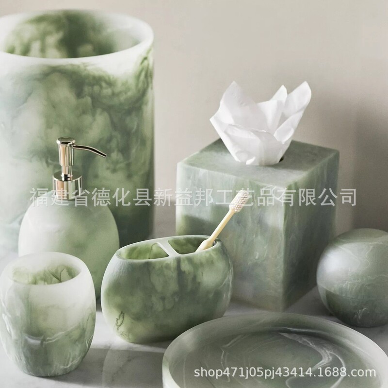 High-End Hotel Bathroom Eight-Piece Set Transparent Resin Cloud Effect Bathroom Set Lotion Bottle Tissue Box Trash Can