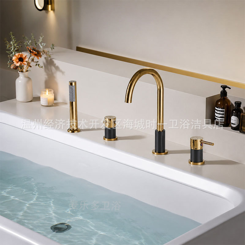 Gold Light Luxury All-Copper Split Bathtub Faucet Four-Piece Set with Side-Mounted Hot and Cold Water Faucet and Shower Set for Sitting