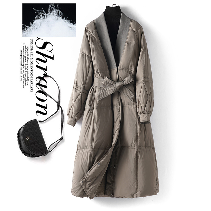 V Neck Waist Belt Waist White Duck down Jacket 2024 Autumn and Winter New Long-Sleeved down Jacket for Women 10115