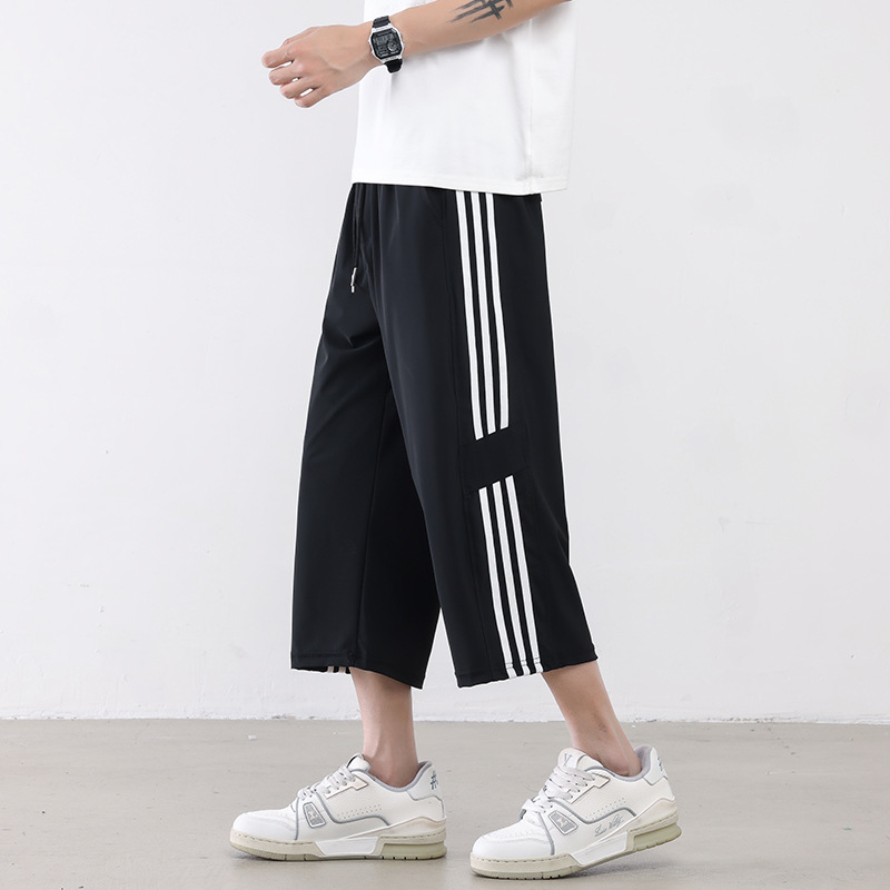 Pantalones de hielo para hombres de verano delgados deportivos de tres barras pantalones cortos gordo sueltos y pantalones casuales de hombre de tamaño grande