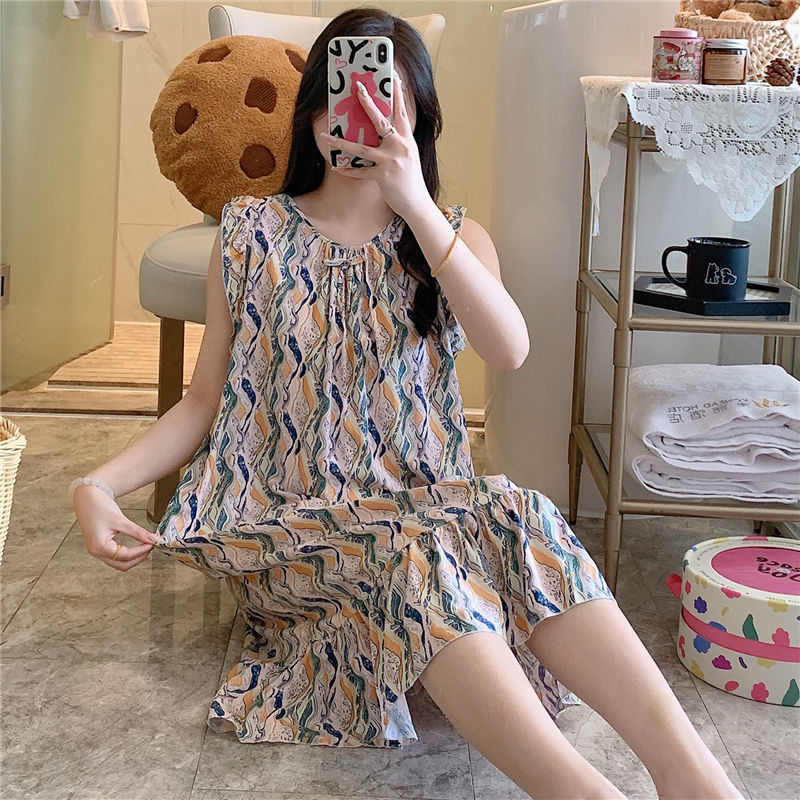 2025新款人造棉睡裙女夏季薄款绵绸印花孕妇可外穿长裙家居服|undefined