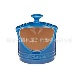 定制时尚蓝色陶瓷盐罐出口  定制客人浮雕logo渐变蓝瓷质盐罐外贸