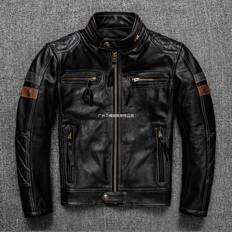 New Top-Layer Cowhide Genuine Leather Men's Stand Collar Trendy Motorcycle Biker Jacket with Optional Protective Gear