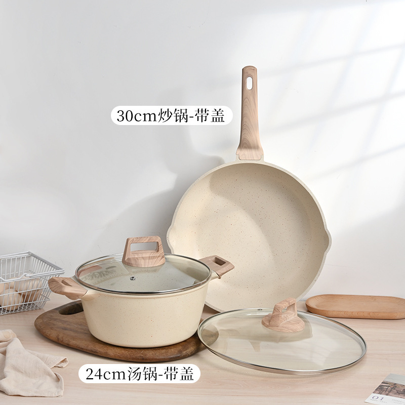 Juego de utensilios de cocina transfronterizo, juego doméstico de cuatro piezas, juego de utensilios de cocina de piedra de mármol, alto valor estético, integrado para cocinar al vapor y saltear, sartén antiadherente al por mayor