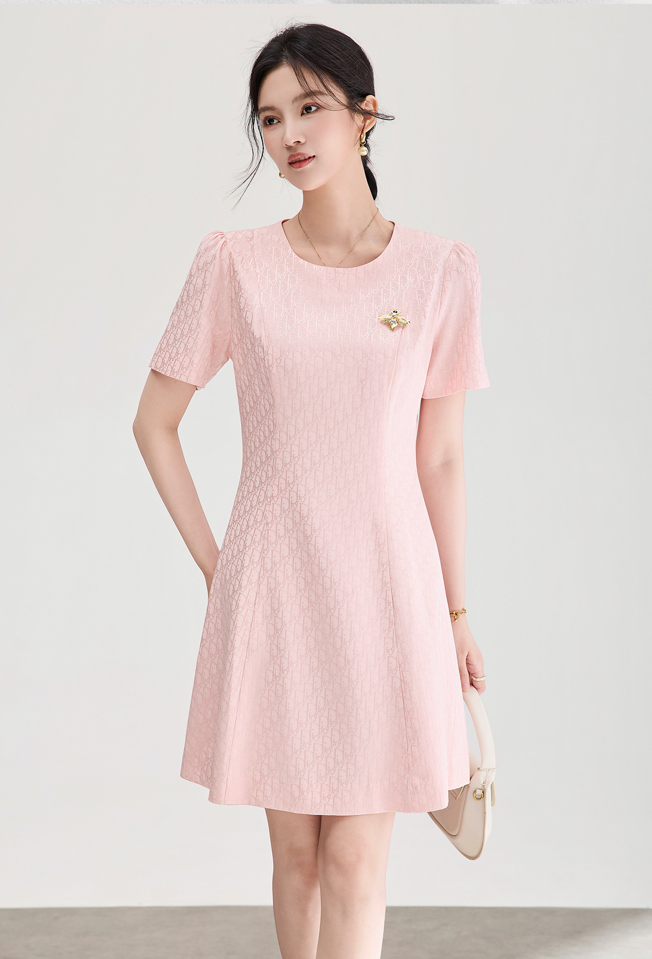 Đầm ngắn tay thắt eo jacquard kiểu dáng thanh lịch mùa hè — màu hồng chi tiết 2