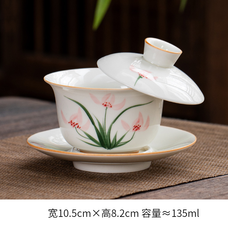 손으로 그린 호버링 옥 도자기 그릇 - 핑크 난초