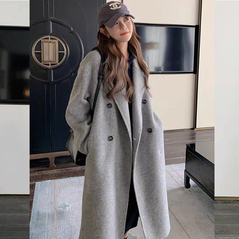 Gray Cashmere Coat for Women New 2025 Ultra-Fine Wool Coat for Women New Korean Style Cocoon Type Versatile with Dark Pattern