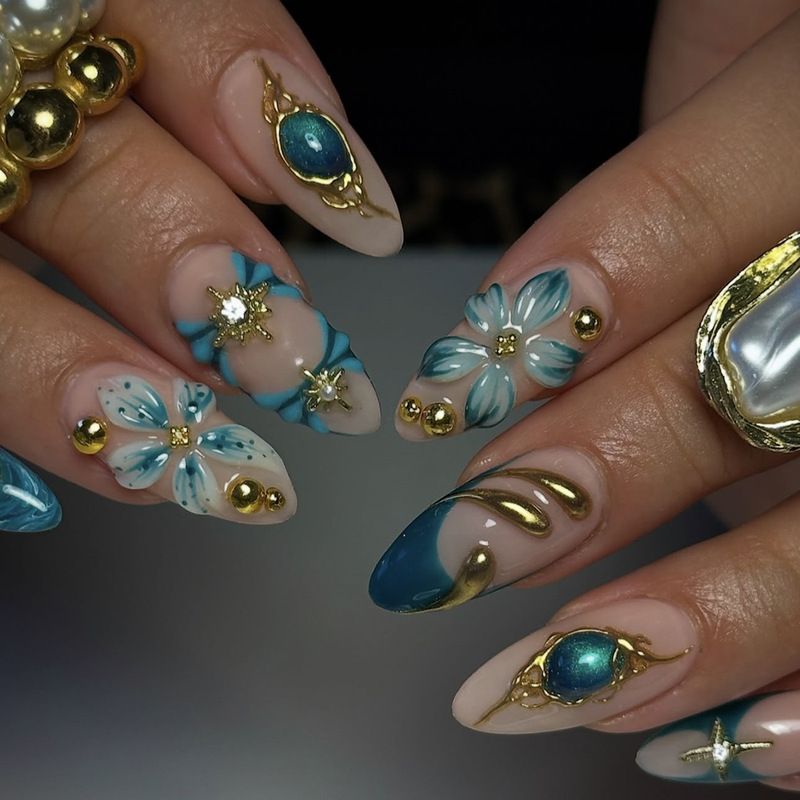 Cross-Border Hot-Selling Wearable Nails in Resort Style, Teal Blue Design with Three-Dimensional Flowers, Elegant 24-Piece Set of Wearable Nails