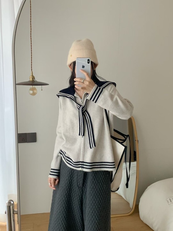 高级感海军领毛衣针织拉链开衫外套女秋冬加厚软糯慵懒风绝美上衣|undefined