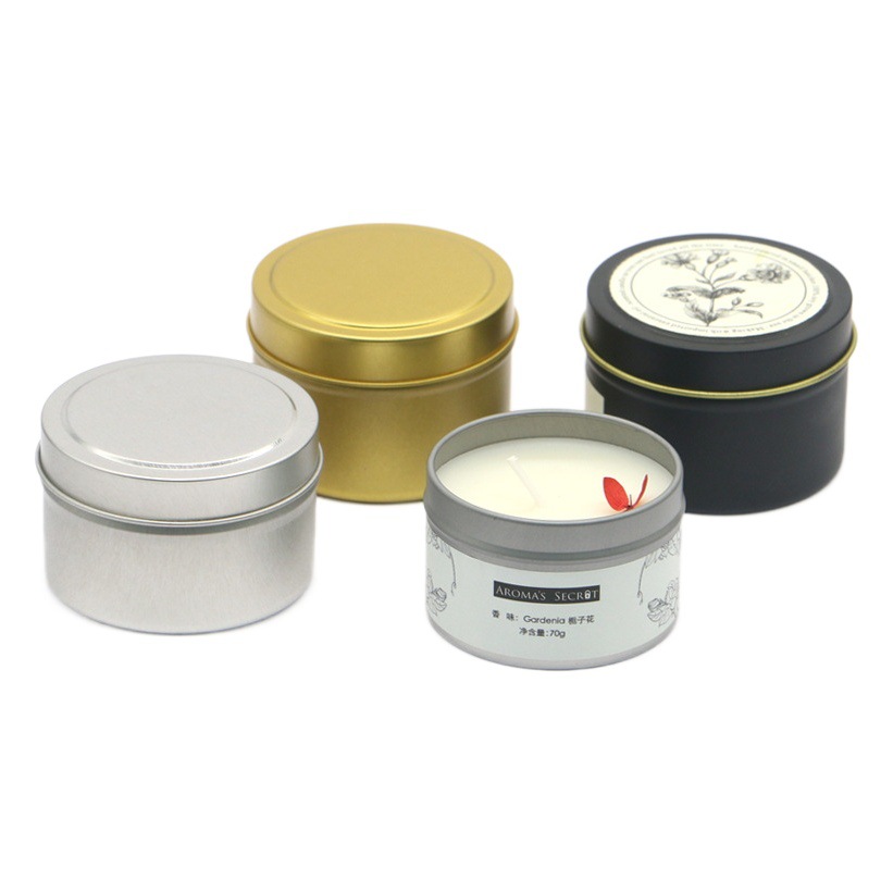 Jarra de vela redonda de hojalata al por mayor en stock pelo recto 4oz negro oro plata aromaterapia tarro de hierro fuente de la fábrica