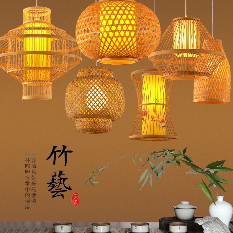 Lámpara de araña de bambú de estilo chino creativo restaurante B & B lámpara de bambú tejida a mano jaula de pájaros olla caliente restaurante lámpara de sala de té