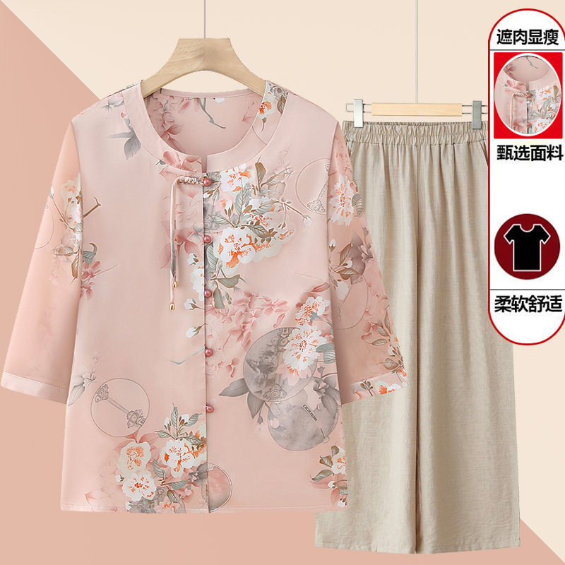 Mom's Summer Thin Shirt for Middle-Aged and Elderly Women, Fashionable Chinese-Style Blouse Set, Spring Clothing, Grandma's Top