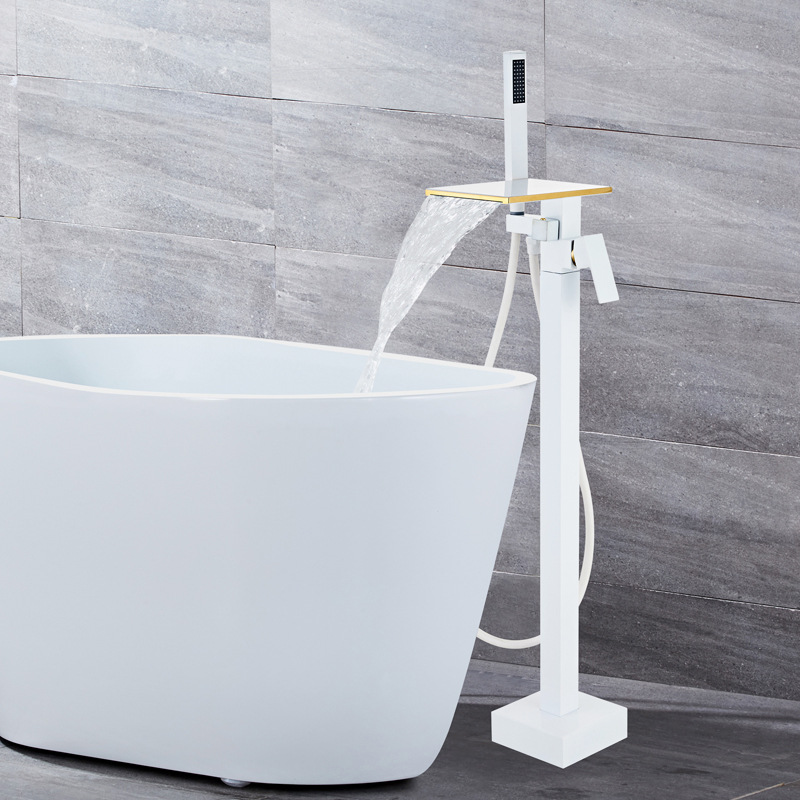 Square black and white gold edge floor-standing waterfall, rotating floor-standing bathtub, faucet, shower head, single handle, upright Item Picture