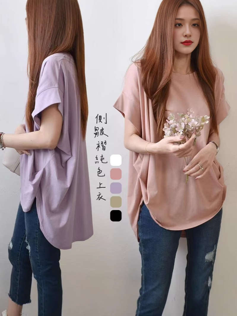 Cross-Border 2025 Summer New Loose Versatile Solid Color Plus-Size Round Neck Irregular Hem Top T-Shirt