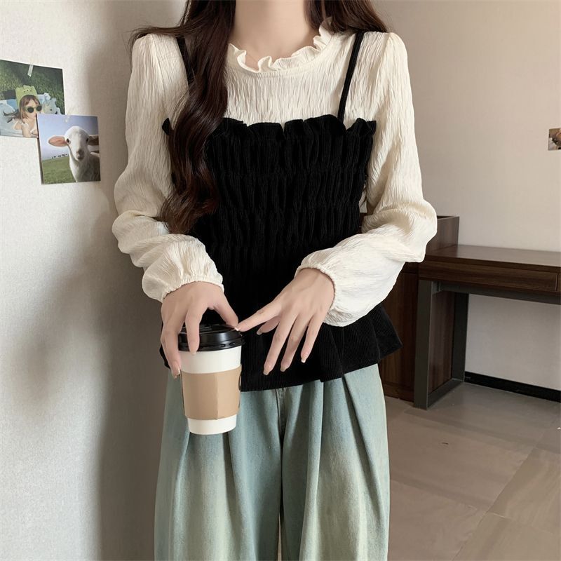 法式拼接灯芯绒设计假两件衬衫女新款秋季褶皱显瘦荷叶边长袖上衣|undefined