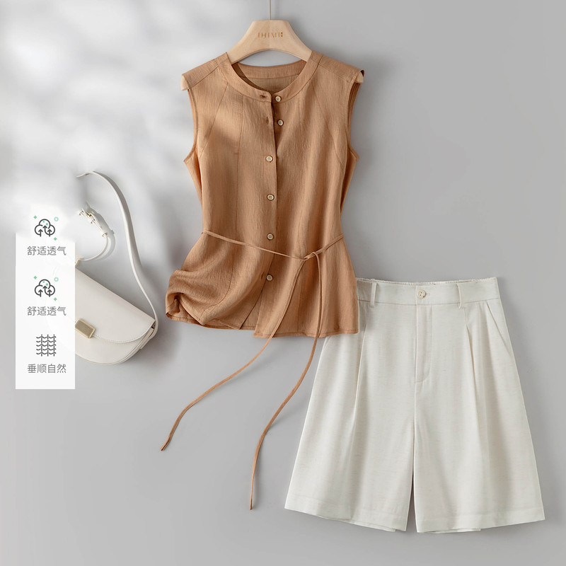 Linen Sleeveless Vest and Shorts Two-Piece Set for Women, Summer Outfit with Elasticated Back Shorts and Top Set for Petite Sizes