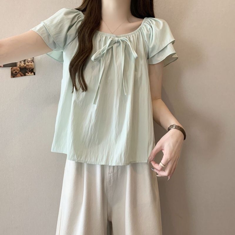 女性用の大きいサイズの夏用フレンチスリーブシャツ、太った女の子向けのゆったりとしたお腹カバープリーツトップス、薄いリボンタイシャツ|undefined