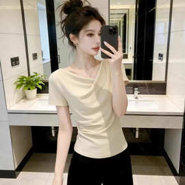 设计感荡领短袖t恤女春夏季温柔风今年流行爆款修身显瘦女士上衣