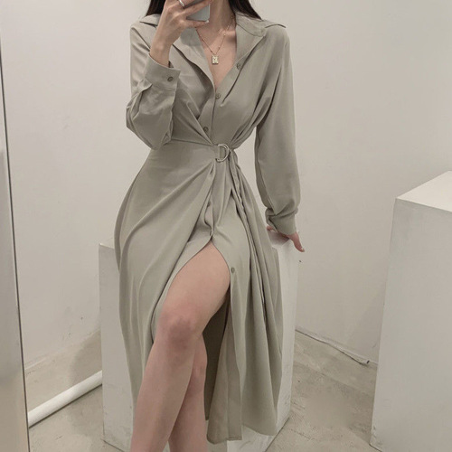 Women's Fashionable Long-Sleeve Shirt Dress with Collar, Button-Down, Belted, Slimming, and Chic Korean Elegant Lightweight Mature Style